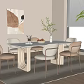 Modern Dining Table Set With Upholstered Chairs Decorative Painting And Green Plants