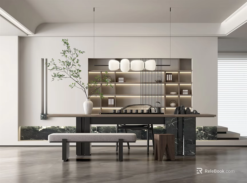 Modern Tea Room Interior Design With Long Tea Table Hanging Lights Green Plant And Bench 3d model 