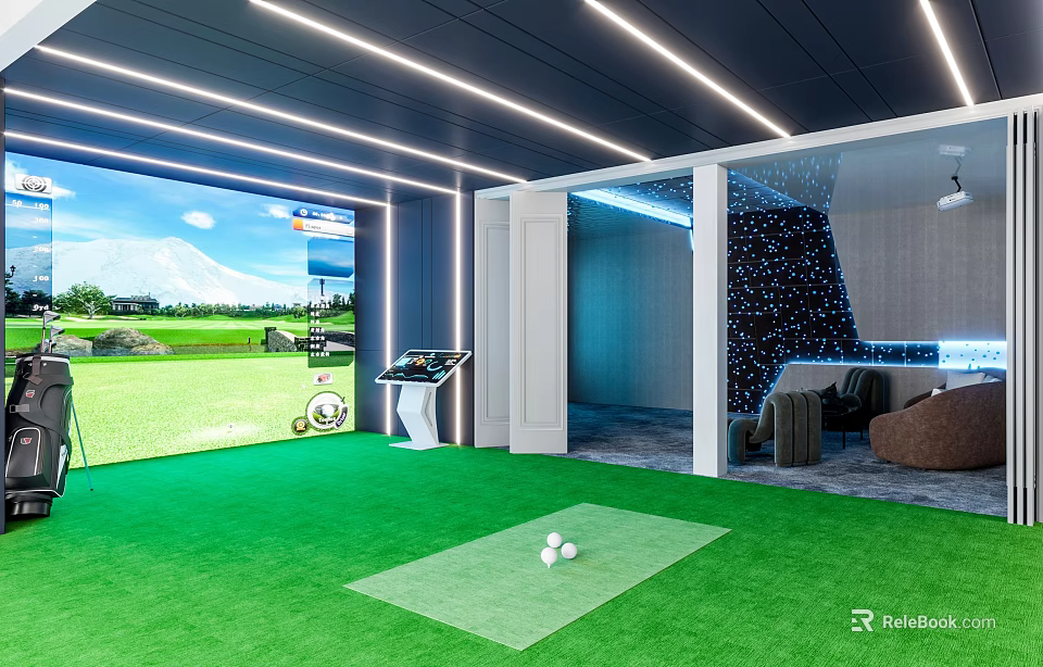 Modern Entertainment Room With Simulated Golf Large Screen Green Turf And Comfortable Lounge Area 3d model 