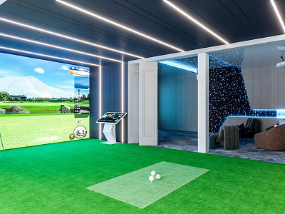 Modern Entertainment Room With Simulated Golf Large Screen Green Turf And Comfortable Lounge Area 3d model