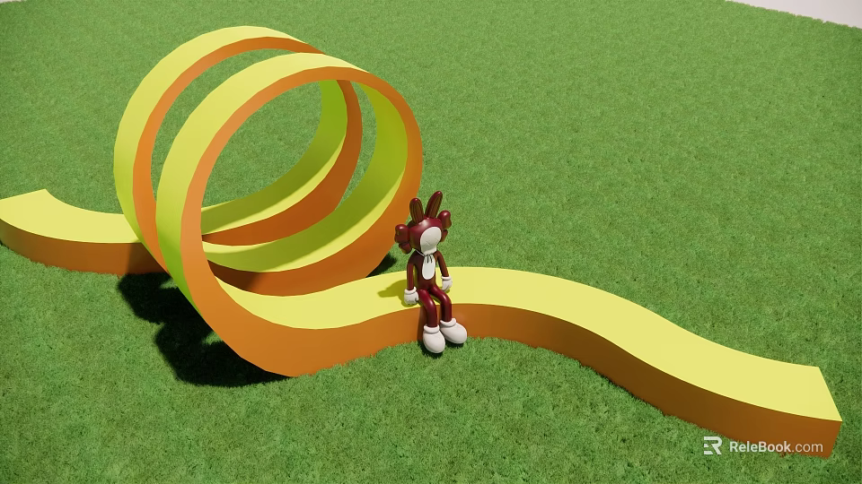 Modern Curved Landscape Seat In Yellow Orange On Green Grass Field 3d model 