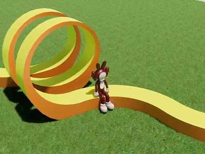 Modern Curved Landscape Seat In Yellow Orange On Green Grass Field 3d model