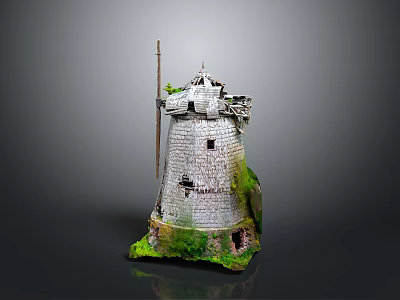 Ancient Stone Windmill Model With Damaged Tower And Surrounding Green Plants 3d model