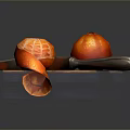 Fresh Peeled and Whole Tangerines with Silver Knife on Blue Platform Against Dark Background