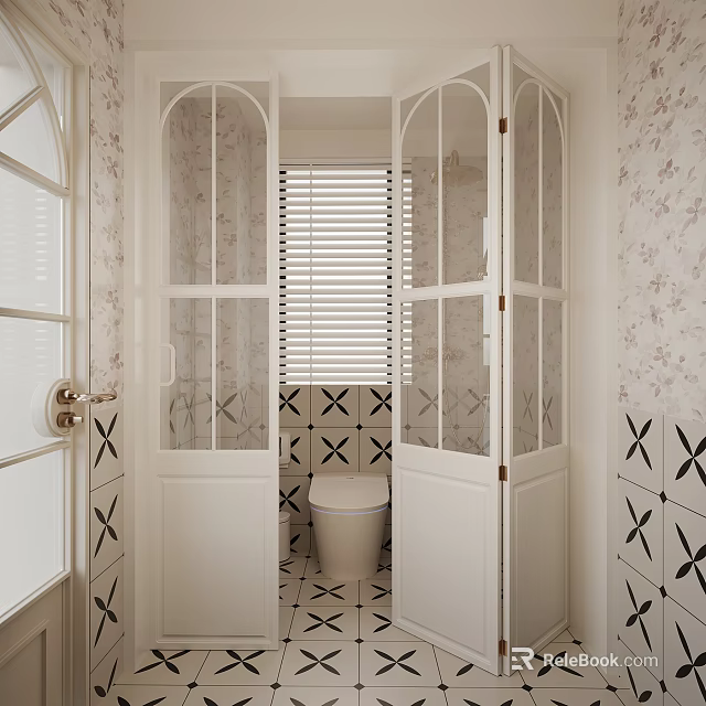Charming Bathroom Interior With White Double Doors Arched Windows Geometric Tiles And Toilet 3d model 