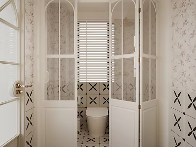 Charming Bathroom Interior With White Double Doors Arched Windows Geometric Tiles And Toilet 3d model