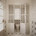 Charming Bathroom Interior With White Double Doors Arched Windows Geometric Tiles And Toilet