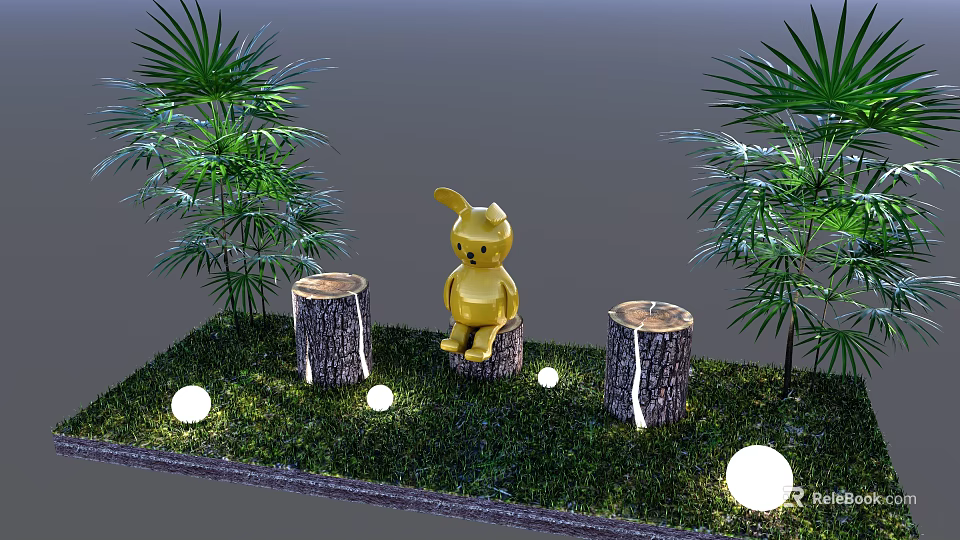 Yellow Garden Ornament Sitting On Tree Stump With Green Grass Round Lights And Palm Plants 3d model 