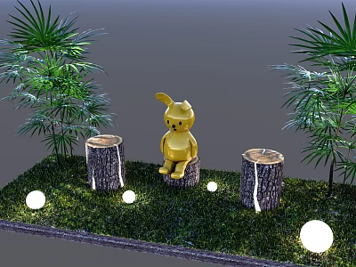 Yellow Garden Ornament Sitting On Tree Stump With Green Grass Round Lights And Palm Plants 3d model
