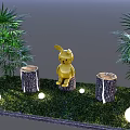 Yellow Garden Ornament Sitting On Tree Stump With Green Grass Round Lights And Palm Plants