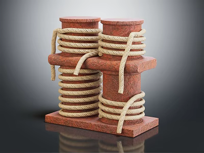 Two Red Bollards Wrapped With White Rope On Sturdy Square Base Structure 3d model