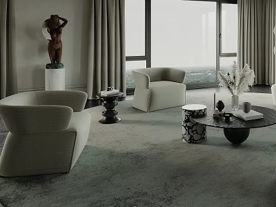 Modern Luxury Living Room With Soft Upholstered Armchairs Art Decor And Floor To Ceiling Windows 3d model