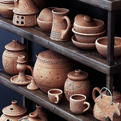Handcrafted Ceramic Vessels in Various Styles on Wooden Shelves with Intricate Patterns 3d model