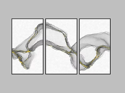 Abstract Ink Painting Triptych With Gray And Gold Flowing Lines For Modern Home Wall Decor 3d model