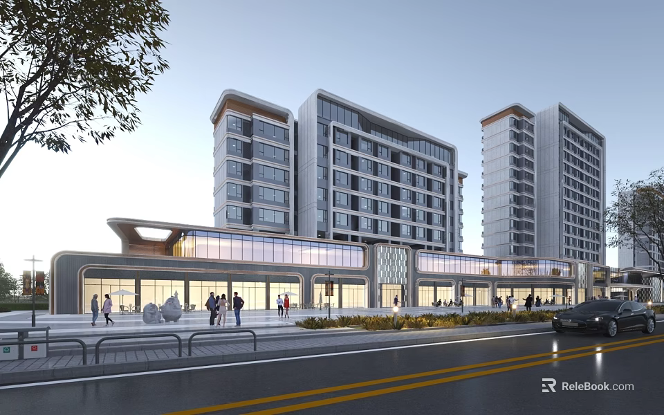 Modern Commercial Street Featuring Tall Buildings Glass Facades And Pedestrians On Urban Road 3d model 