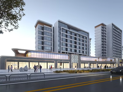 Modern Commercial Street Featuring Tall Buildings Glass Facades And Pedestrians On Urban Road 3d model