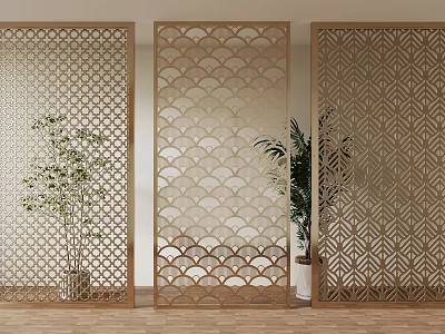 Decorative Wooden Screens with Geometric Patterns and Scallop Designs Enhancing Interior Space with Indoor Plants 3d model