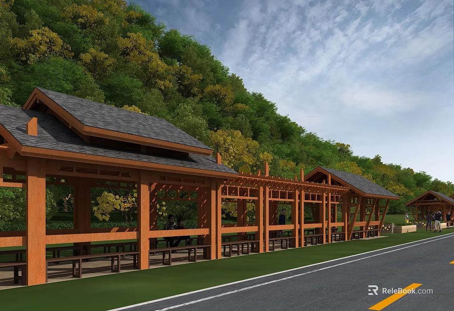 Wooden Pergola Structure With Covered Roof Green Hills And Benches Near Road 3d model 
