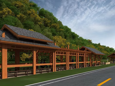 Wooden Pergola Structure With Covered Roof Green Hills And Benches Near Road 3d model
