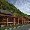 Wooden Pergola Structure With Covered Roof Green Hills And Benches Near Road