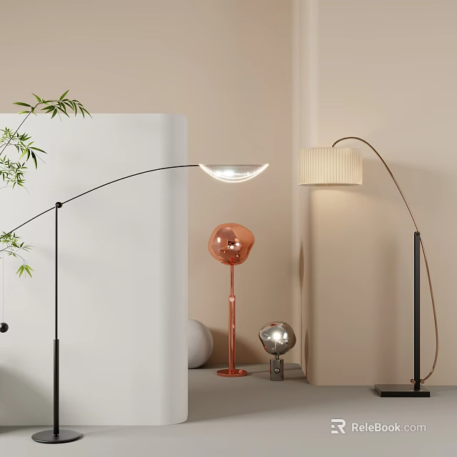 Modern Arc Floor Lamp in Minimalist Interior with Bamboo Copper Decor and Silver Orb 3d model 