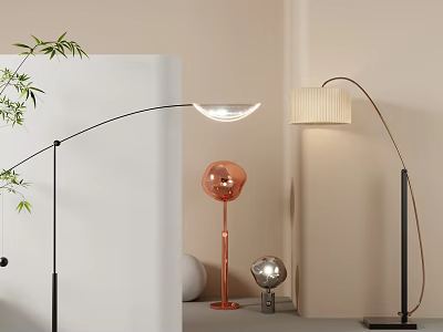Modern Arc Floor Lamp in Minimalist Interior with Bamboo Copper Decor and Silver Orb 3d model
