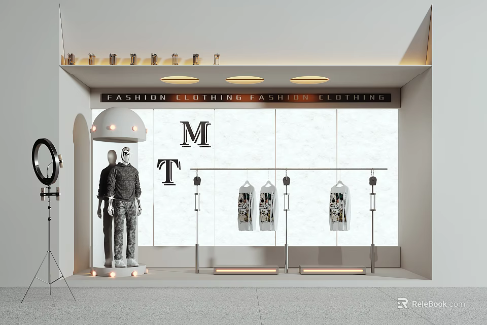 Fashion Leather Storefront with Window Display Mannequin Leather Products MT Letters and Spotlight Lighting 3d model 