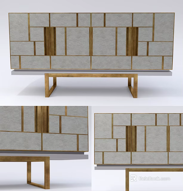 Modern TV Stand With Wooden Structure Gray Panels And Gold Accent Design Details 3d model 