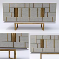 Modern TV Stand With Wooden Structure Gray Panels And Gold Accent Design Details