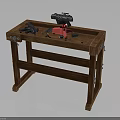 Weapon Maintenance Setup On Wooden Workbench With Tools And Red Parts