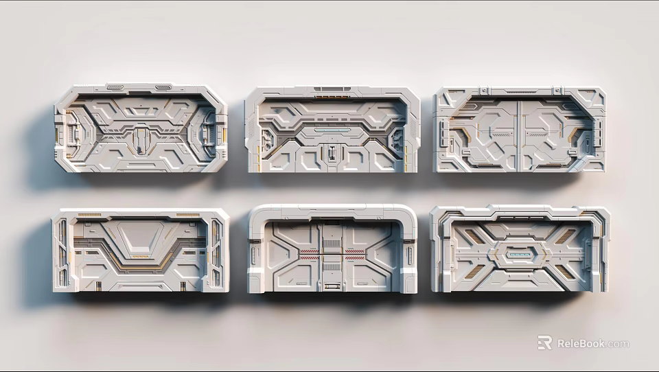 Six Gray Tech Style Rectangular Panels With Intricate Mechanical Geometric Patterns 3d model