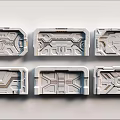 Six Gray Tech Style Rectangular Panels With Intricate Mechanical Geometric Patterns 3d model