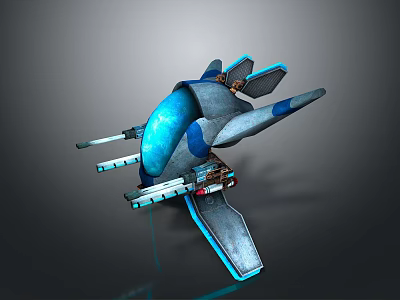 Futuristic Sci Fi Spaceship 3D Model Featuring Blue Accents Gray Wings And Cannons 3d model