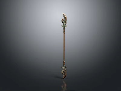 Ancient Decorative Spear Weapon With Ornate Metal Head And Wooden Shaft 3d model