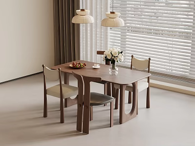 Modern Wooden Dining Table Set With Chairs Fruit Plate Flower Vase And Pendant Lights 3d model