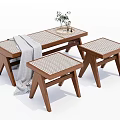 Modern Wooden Stools And Bench With Rattan Seat Gray Blanket And Potted Plant