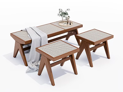 Modern Wooden Stools And Bench With Rattan Seat Gray Blanket And Potted Plant 3d model