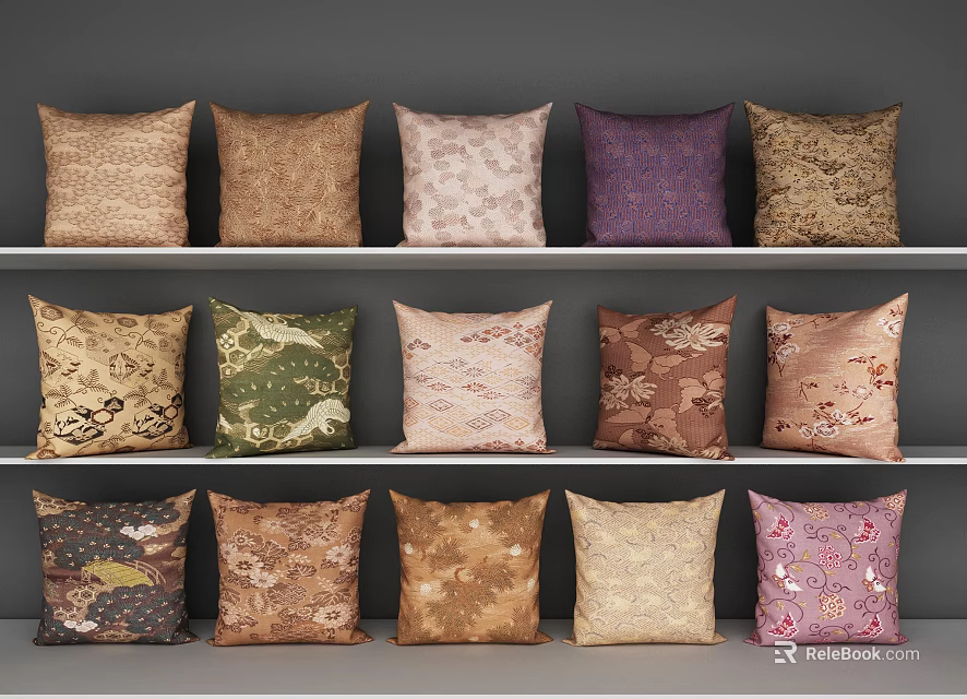 Assorted Decorative Throw Pillows With Diverse Patterns And Colorful Designs On Display Shelves 3d model