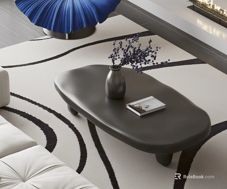 Modern Black Coffee Table With Vase Purple Flowers Book And Patterned Rug 3d model 