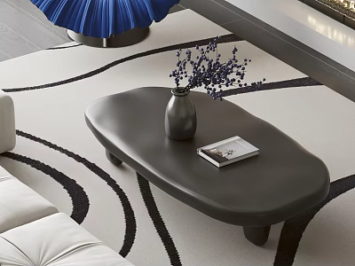 Modern Black Coffee Table With Vase Purple Flowers Book And Patterned Rug 3d model