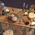 Rustic Wooden Dining Table Set With Stool Rug Fruits Cheese Bread Candlesticks Grinder And Vase