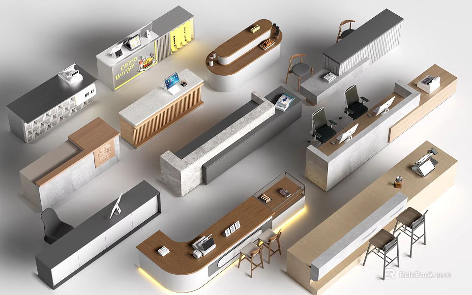 Modern Reception Desk Designs With Various Styles And Materials For Interior 3d model