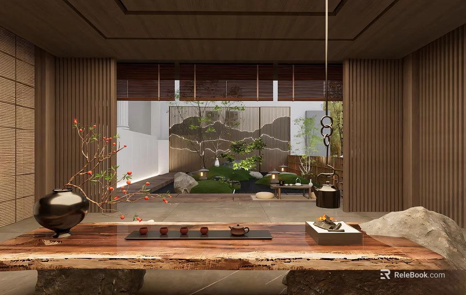Traditional Modern Teahouse Interior With Wooden Decor Green Plants And Tea Sets 3d model 