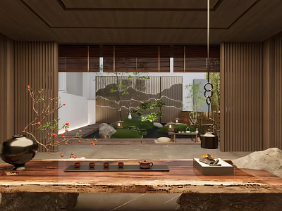 Traditional Modern Teahouse Interior With Wooden Decor Green Plants And Tea Sets 3d model