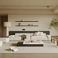 Modern Living Room Interior With White Sofa Coffee Table Shelves Floor Lamp And Green Plant