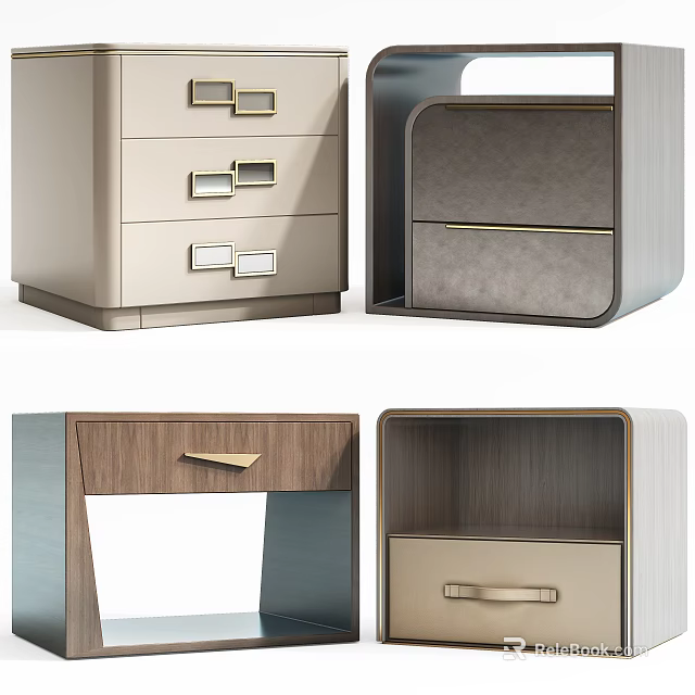 Modern Stylish Bedside Tables With Wooden Panels Metal Handles And Storage Drawers 3d model 