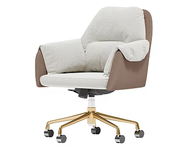 Modern Comfortable Office Chair with Light Gray and Brown Upholstery Gold Base and Wheels 3d model