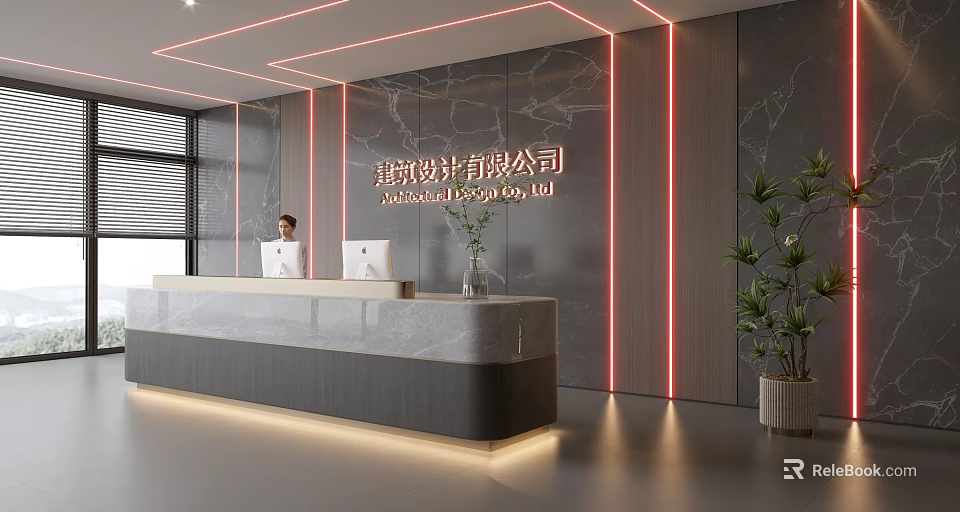 Modern Reception Area of Architecture Design Company With Marble Wall Light Strips Green Plant and Computers 3d model 