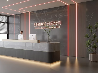 Modern Reception Area of Architecture Design Company With Marble Wall Light Strips Green Plant and Computers 3d model