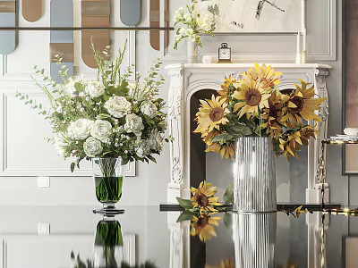Elegant White Roses in Green Vase and Sunflowers in Silver Vase for Home Decor 3d model